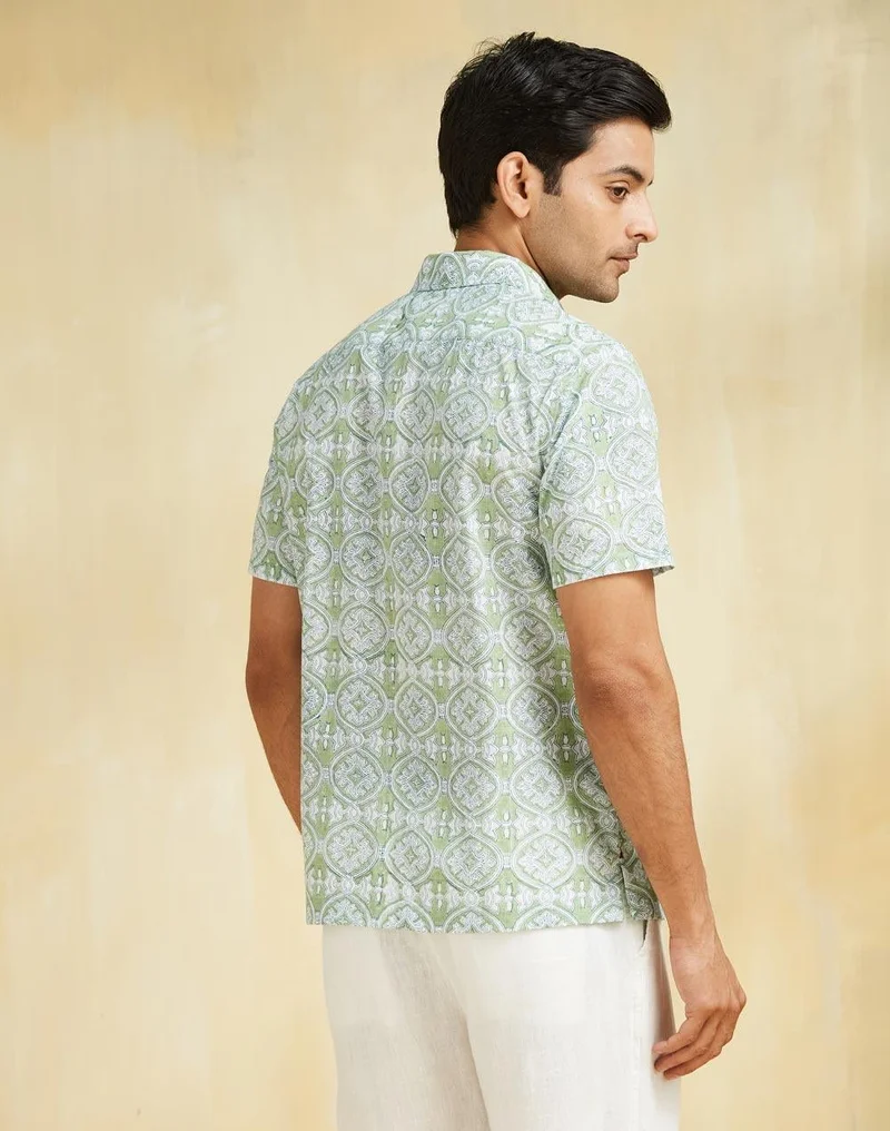 Fabindia  White Green Cotton Hand Block Printed Shirt for Men | Best Price UAE