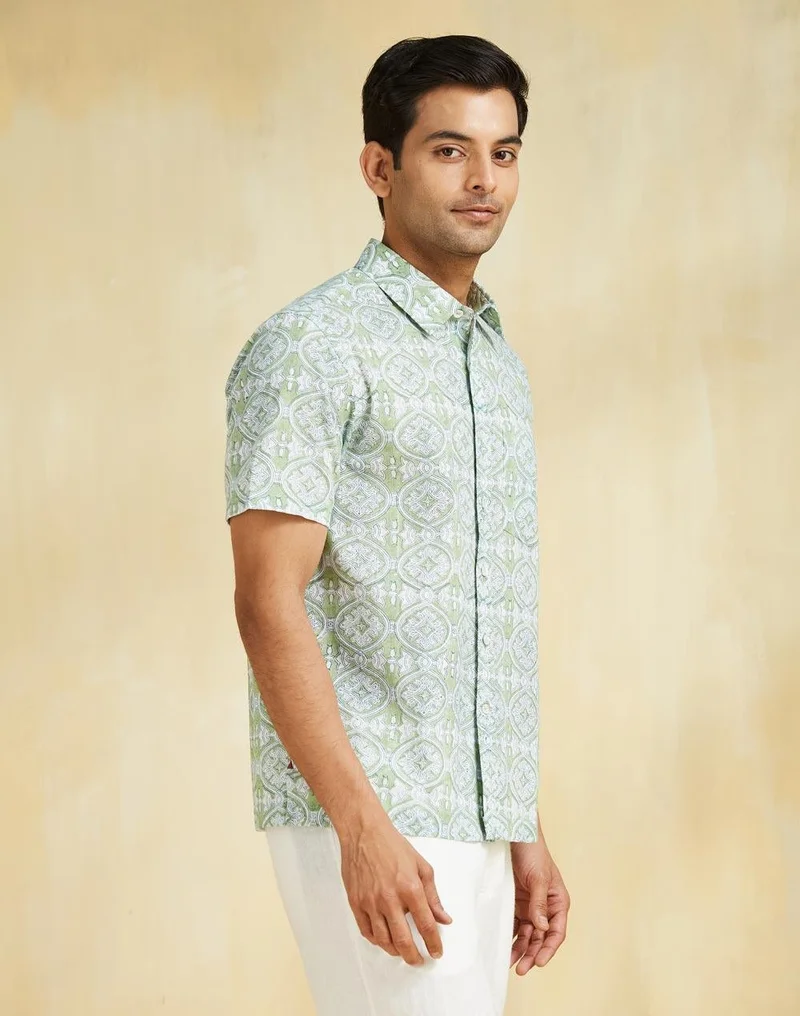Fabindia  White Green Cotton Hand Block Printed Shirt for Men | Best Price UAE