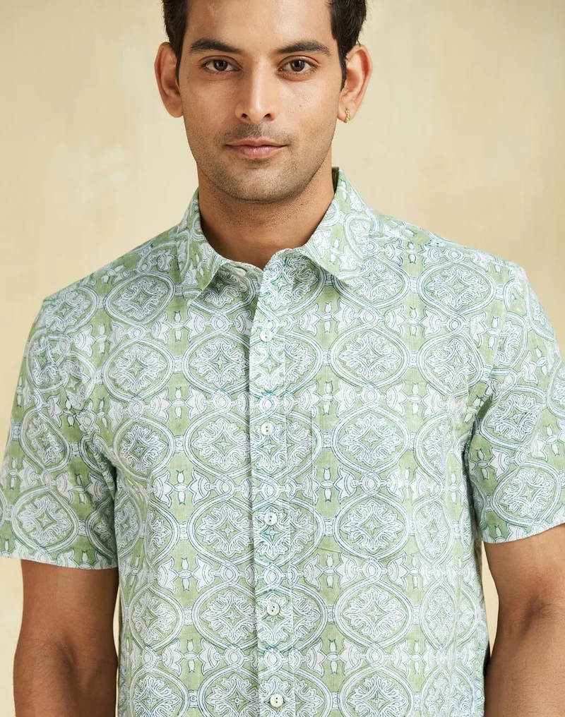 Fabindia  White Green Cotton Hand Block Printed Shirt for Men | Best Price UAE