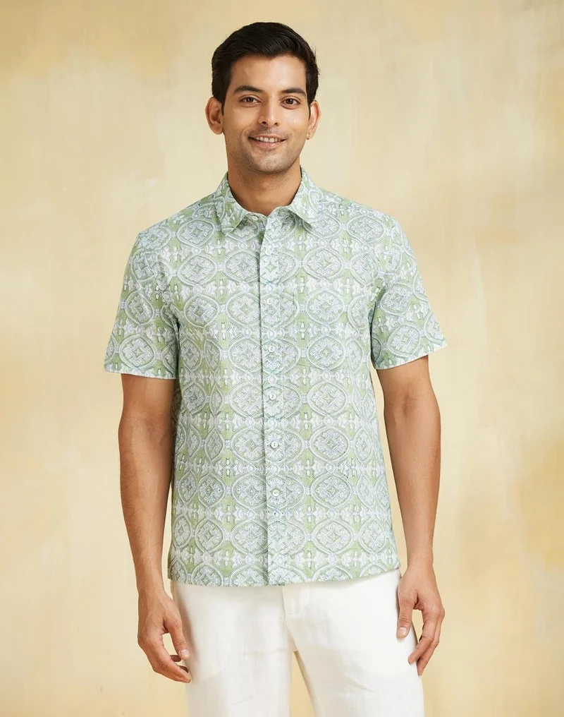 Fabindia White Green Cotton Hand Block Printed Shirt