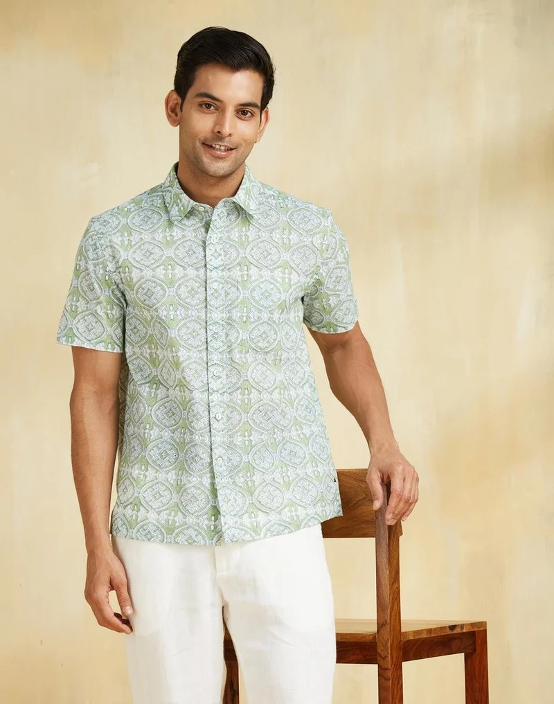 Fabindia White Green Cotton Hand Block Printed Shirt