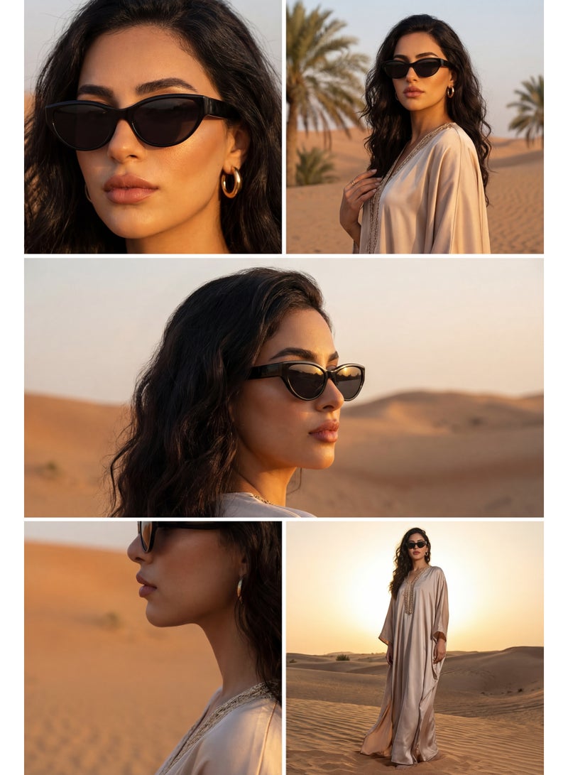 تصميم زينس نظارة شمسية نسائية بيضاوية بحماية UV400 – إطار أسود وعدسات سوداء - Image 4