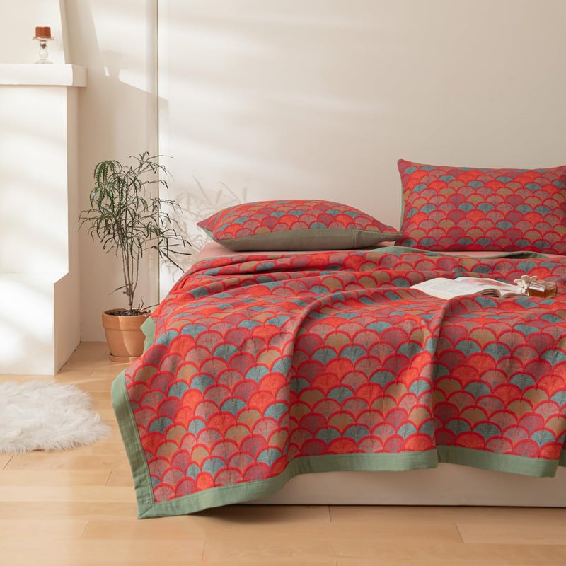 Purefair 100% Cotton Muslin Blanket Jacquard Rustic Mermaid Fish Scales Print Quilt, Soft Bed Cover Reversible Bedspread Coverlet Breathable Lightweight Bedding Full/Queen(78"x94"), No Pillow Sham - Image 1