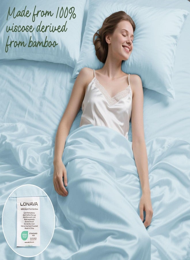 LONAVA 100% Viscose Derived from Bamboo Queen Sheet Set Sky Blue, 4 Pieces Soft Cooling Bedding with Deep Pocket UP to 16", Silky Smooth, Organic & Breathable, Breathable Bed Sheets - Image 3