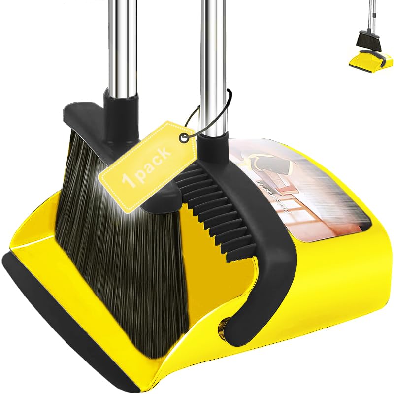 DJDTDTY Upgraded Broom and Dustpan， with 52" Long Handle, Dustpan Teeth with self-Cleaning Function, Indoor and Outdoor Sweeping, Perfect for Home Office - Image 1