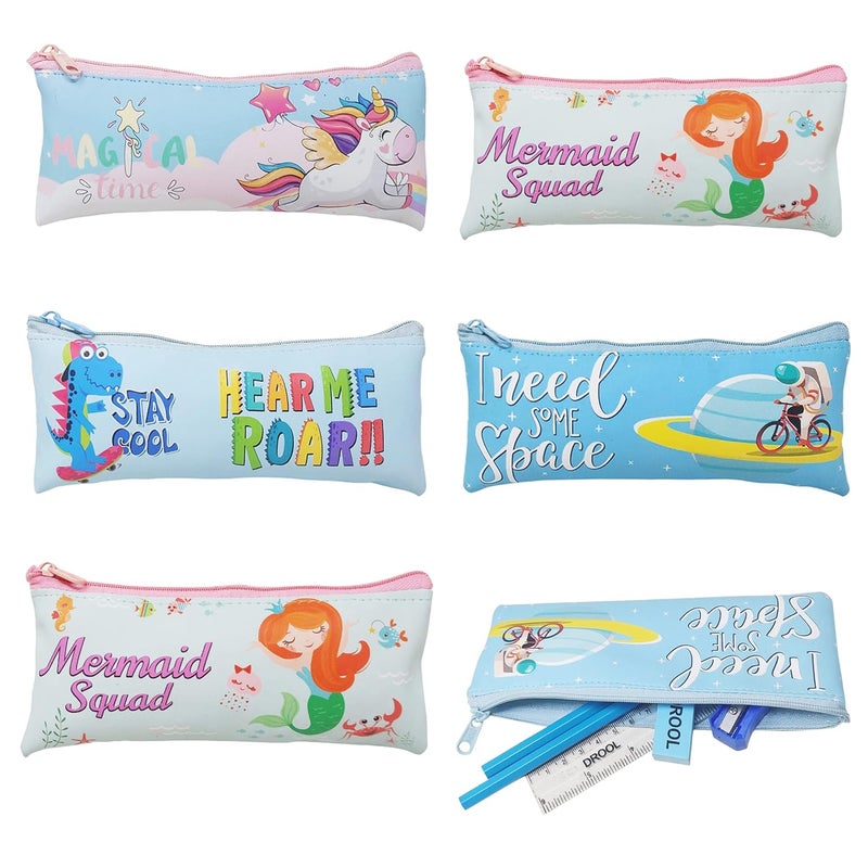 Parteet Birthday Party Return Gift - 6Pc Cartoon Printed Multipurpose Silicone Pouches with Stationery for Kids (Assorted Design, Multicolor) - Image 1