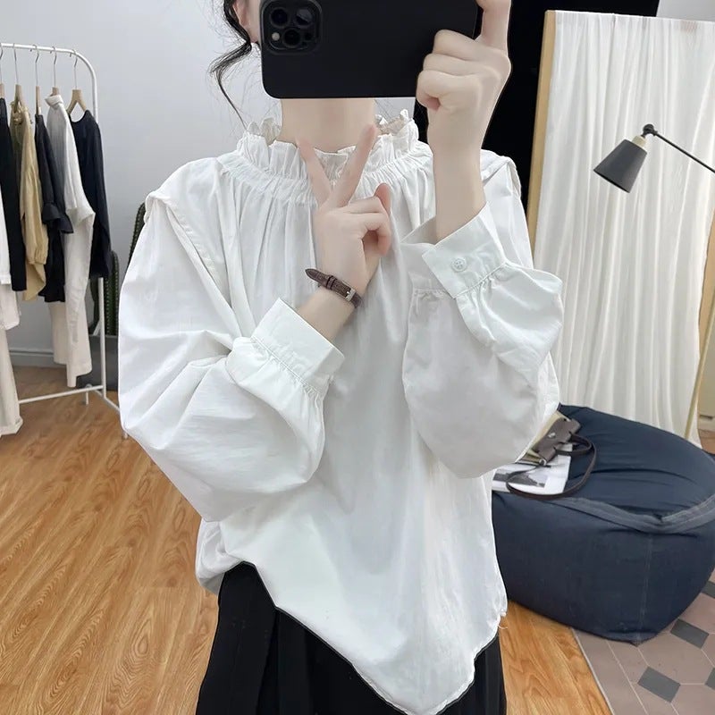 Womens Spring Summer Cotton Linen Long Sleeve Shirt Loose Lantern Sleeve Lotus Leaf Collar Vintage Anti-Aging Top Overhead N#A22 White 
