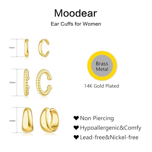 Moodear موودير أساور أذن سميكة/رفيعة 3 قطع غير مثقوبة - أقراط هووب هاجي مطلية بالذهب عيار 14 قيراط للنساء عظمة الأذن - Image 5
