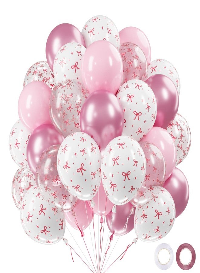 Netnology Pink Bow Balloons, 60Pcs 12 Inch Light Pink Metallic Pink Clear White Bow Balloon for Girls Women Princess Coquette Birthday Baby Shower Bridal Shower Wedding Bachelorette Party Decorations - Image 1