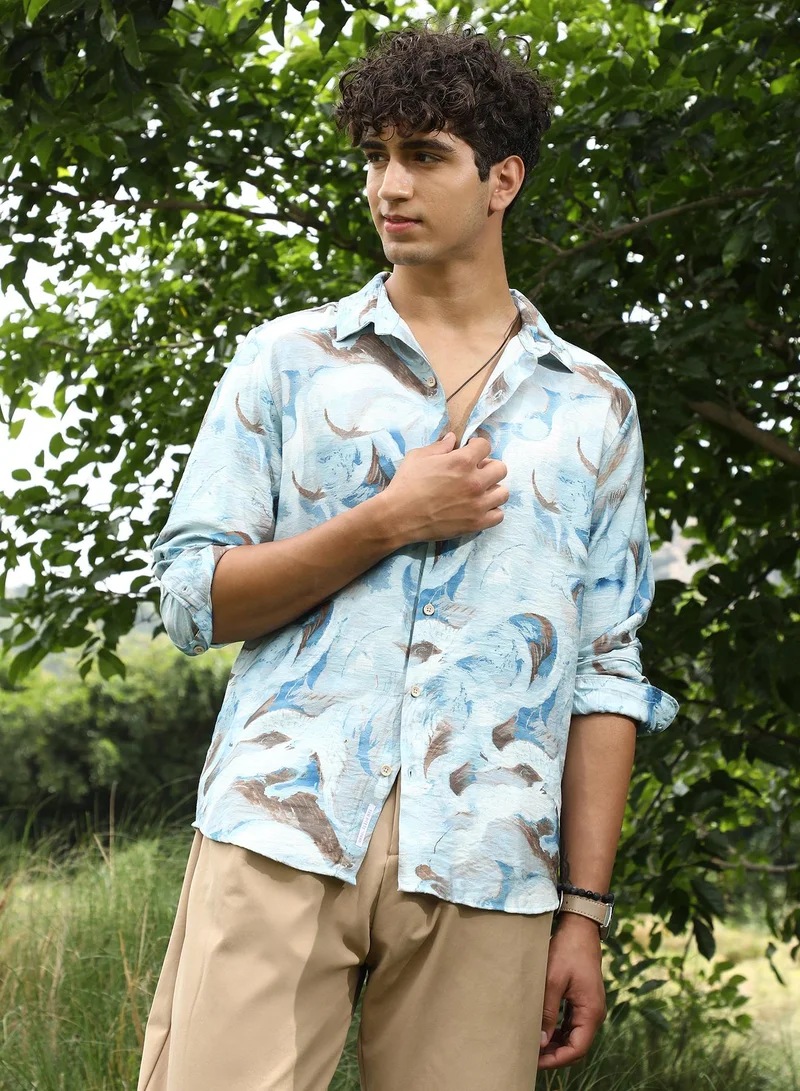 كامبوس سوترا Campus Sutra Men's Baby Blue Waterbrush-Imprint Dobby Shirt | Spread Collar , Long Sleeve Cuffed Sleeves , Button Closure | Abstract Dobby | Nylon Viscose Shirt For Casual Wear