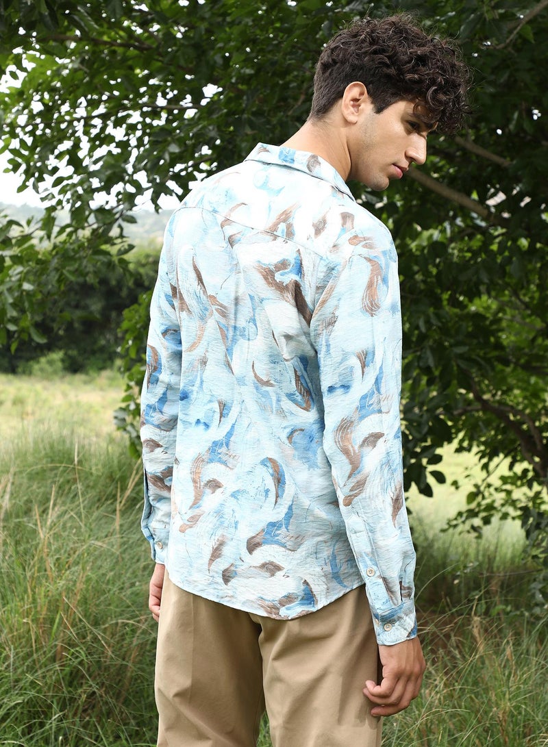 Campus Sutra Campus Sutra Men's Baby Blue Waterbrush-Imprint Dobby Shirt | Spread Collar , Long Sleeve Cuffed Sleeves , Button Closure | Abstract Dobby | Nylon Viscose Shirt For Casual Wear - Image 5
