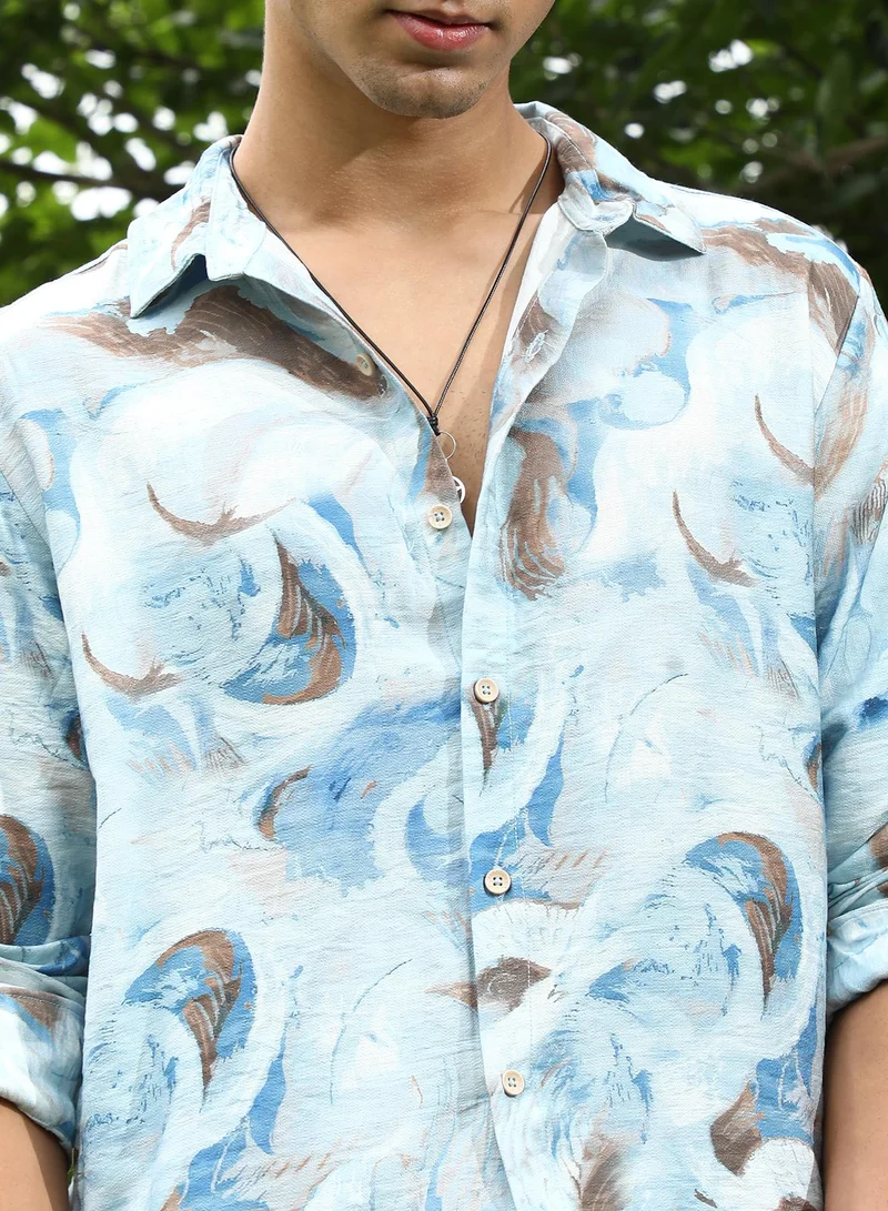 Campus Sutra Campus Sutra Men's Baby Blue Waterbrush-Imprint Dobby Shirt | Spread Collar , Long Sleeve Cuffed Sleeves , Button Closure | Abstract Dobby | Nylon Viscose Shirt For Casual Wear
