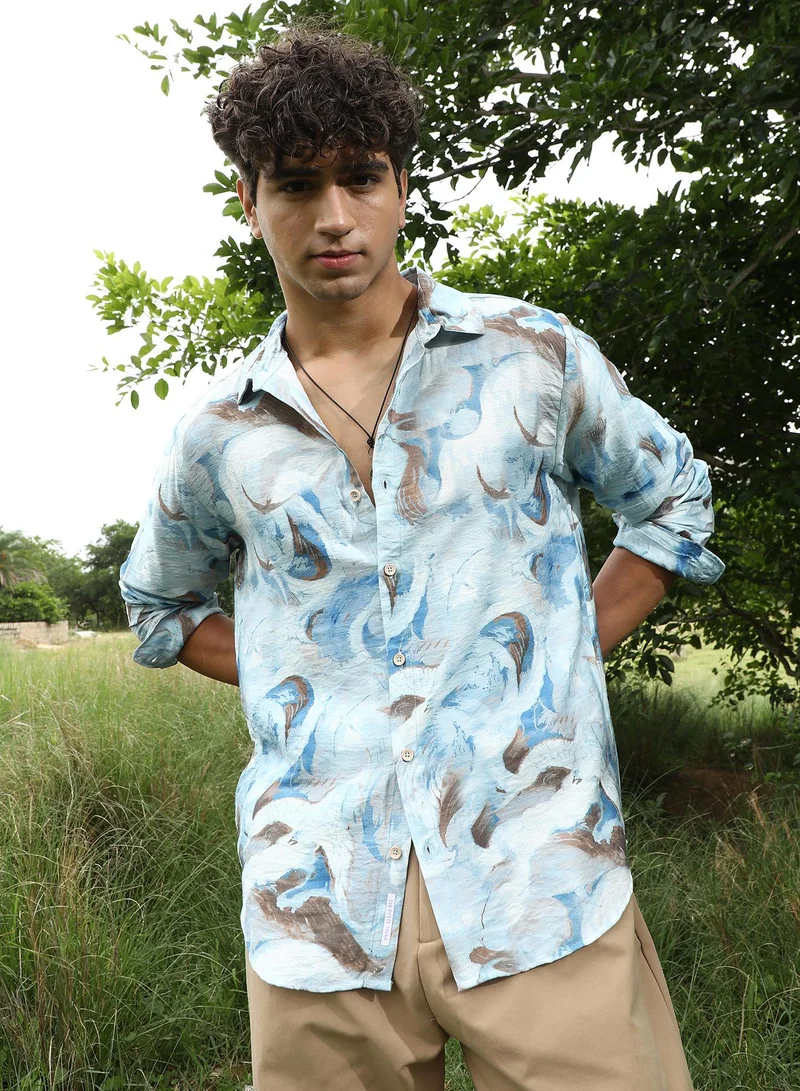 كامبوس سوترا Campus Sutra Men's Baby Blue Waterbrush-Imprint Dobby Shirt | Spread Collar , Long Sleeve Cuffed Sleeves , Button Closure | Abstract Dobby | Nylon Viscose Shirt For Casual Wear