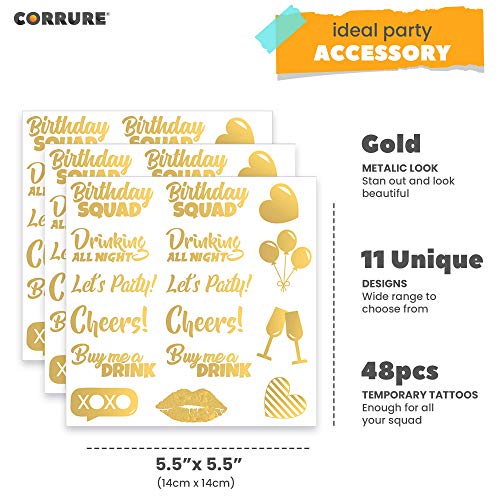 CORRURE Gold Metallic Party Tattoos - 48pcs Birthday Squad - Flash & Temporary Styles for Girls & Men - Perfect for 18th, 21st & Any Adult Bday - Image 5