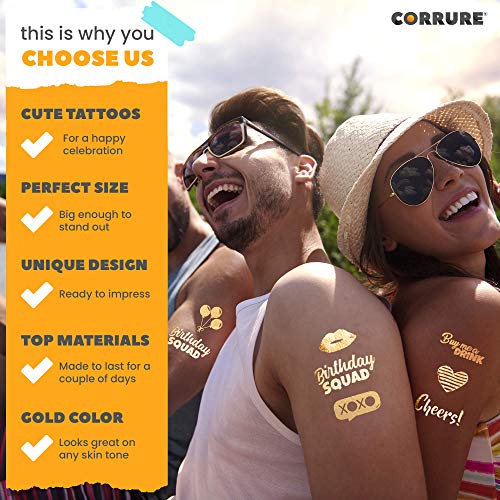 CORRURE Gold Metallic Party Tattoos - 48pcs Birthday Squad - Flash & Temporary Styles for Girls & Men - Perfect for 18th, 21st & Any Adult Bday - Image 2