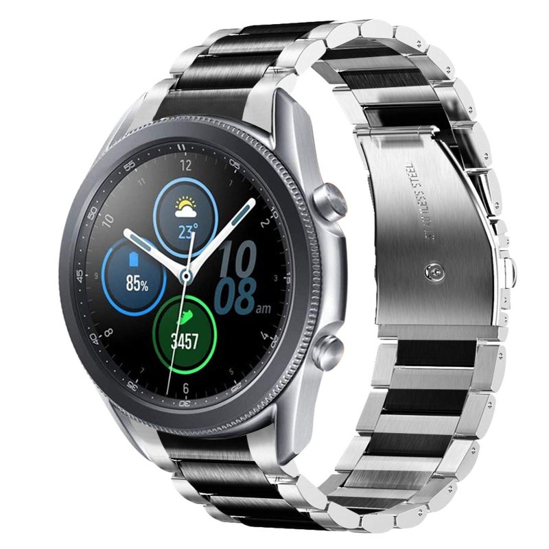 V-MORO Metal Strap Compatible with Galaxy Watch 3 Bands 45mm Men, No Gaps Solid Stainless Steel Bracelet Business Repalcement for Samsung Galaxy Watch 3 45mm Smartwatch Black/Silver - Image 1