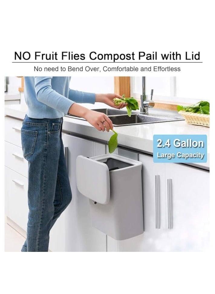 PROMASS Kitchen Compost Bin for Counter Top or Under Sink, Hanging Small Trash Can with Lid for Cupboard/Bathroom/Bedroom/Office/Camping, Mountable Indoor Compost Bucket (Grey) - Image 2