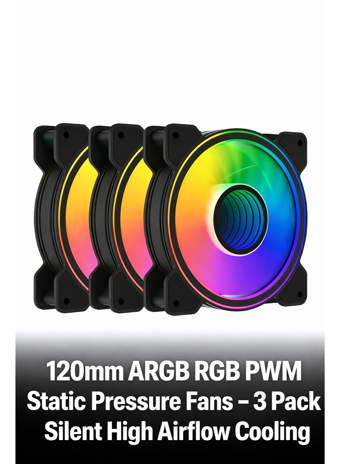 120mm Dual-Ring ARGB PWM Static Pressure PC Fans 3-Pack – High Airflow Silent Cooling for Gaming PC Case & Liquid Cooler