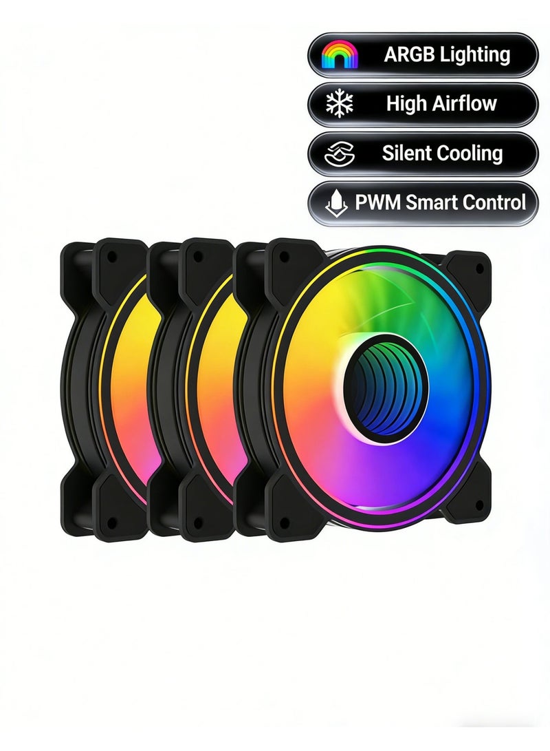 باور مجموعة من 3 مراوح كمبيوتر مقاس 120 ملم بحلقة إضاءة مزدوجة بتقنية ARGB وPWM، لتبريد هادئ وفعال مع تدفق هواء عالٍ، مناسبة لأجهزة الكمبيوتر المخصصة للألعاب وأنظمة التبريد السائل. - Image 2