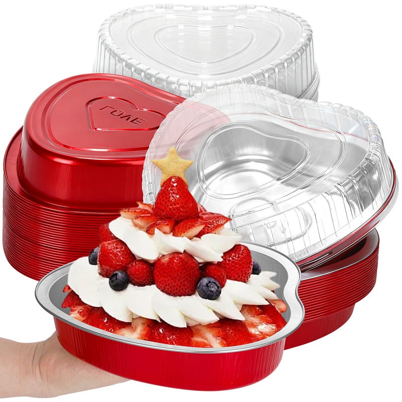 Fovths 16 Pieces Heart Shaped Cake Pans 32 oz Disposable Heart Aluminum Foil Cupcake Pans with Lids Oven Safe Dessert Baking Cups Pan for Valentine's Weddings Birthday Parties - Image 1