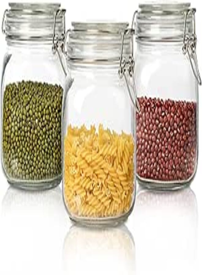 Joeyan 34 oz Glass Jars with Clip Top Lids - Airtight Glass Canister Set of 3 - Kitchen Food Storage Jars for Cereal, Pasta, Sugar, Beans, Spice, Nuts