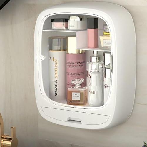 SIBY Acrylic Wall Hanging Makeup Storage Box | Transparent Dustproof Cosmetics Box Stick on Wall | Makeup Organizer Cabinet Rack | Women Skin Care Beauty Rack | Perfume Cream Stand(White) - Image 3