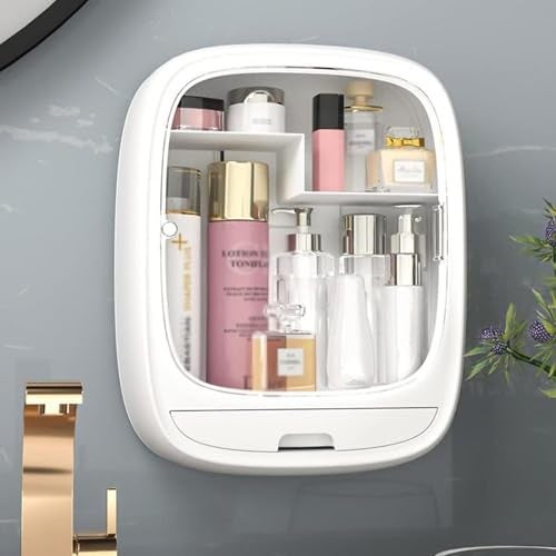 SIBY Acrylic Wall Hanging Makeup Storage Box | Transparent Dustproof Cosmetics Box Stick on Wall | Makeup Organizer Cabinet Rack | Women Skin Care Beauty Rack | Perfume Cream Stand(White) - Image 2