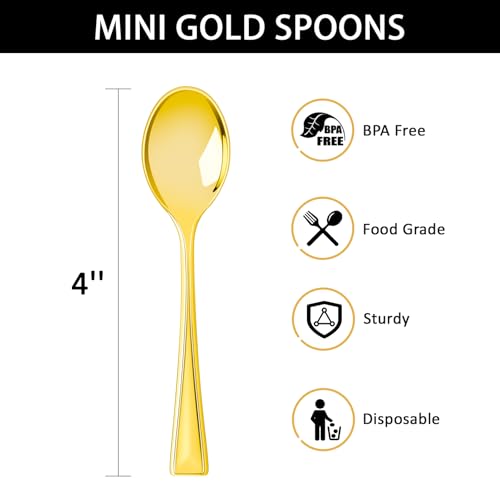 Qeirudu 4 Inch Gold Plastic Mini Spoons, 100 Pack Heavy Duty Small Tasting Spoons for Party Dessert Shooters, Appetizers, Ice Creams, Food Samples, Puddings - Image 2