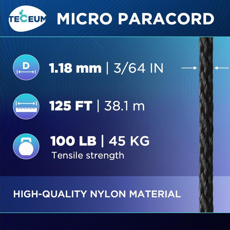 TECEUM Micro Paracord â€“ Black â€“ 1.18 mm x 125 ft â€“ Micro Utility Cord â€“ Thin Braided Paracord Rope Nylon Polyester â€“ Wind Chime Replacement â€“ Survival Strong String 016c - Image 2