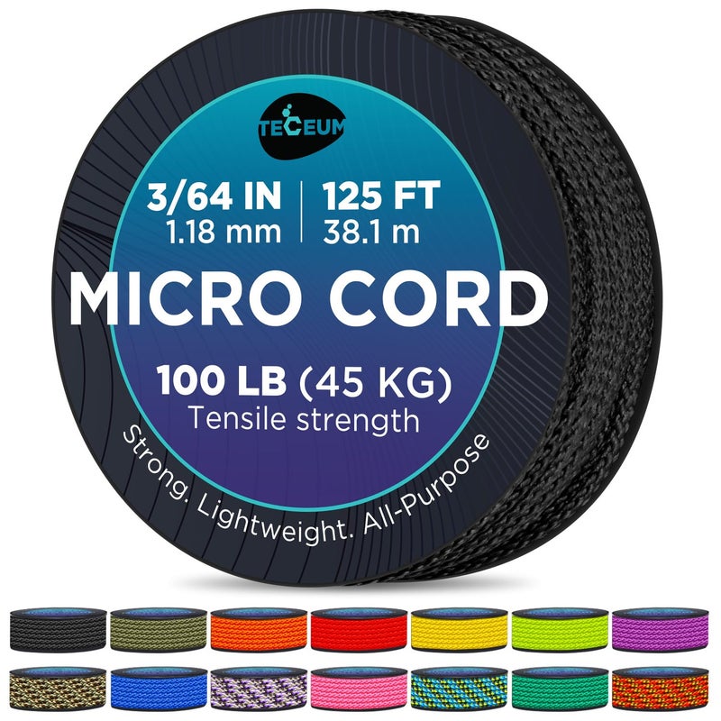 TECEUM Micro Paracord â€“ Black â€“ 1.18 mm x 125 ft â€“ Micro Utility Cord â€“ Thin Braided Paracord Rope Nylon Polyester â€“ Wind Chime Replacement â€“ Survival Strong String 016c - Image 1