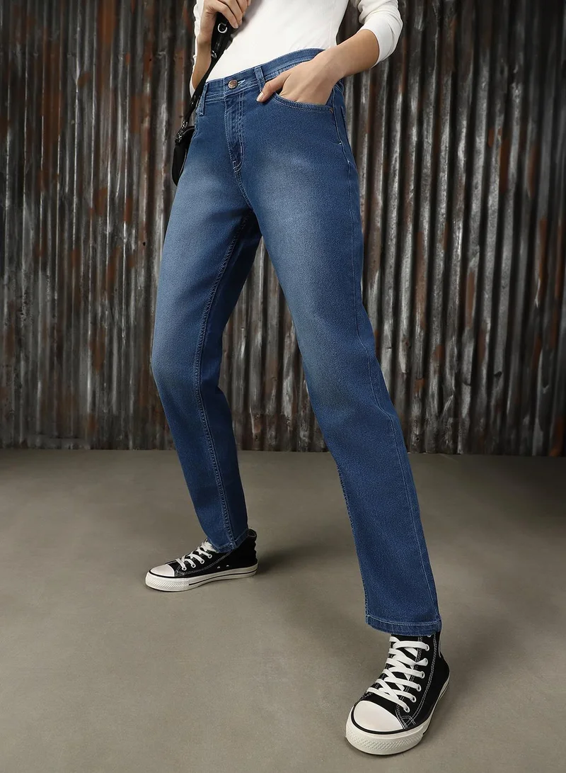 Women's Blue Cotton Blend Solid Full Length Slim Fit Jeans