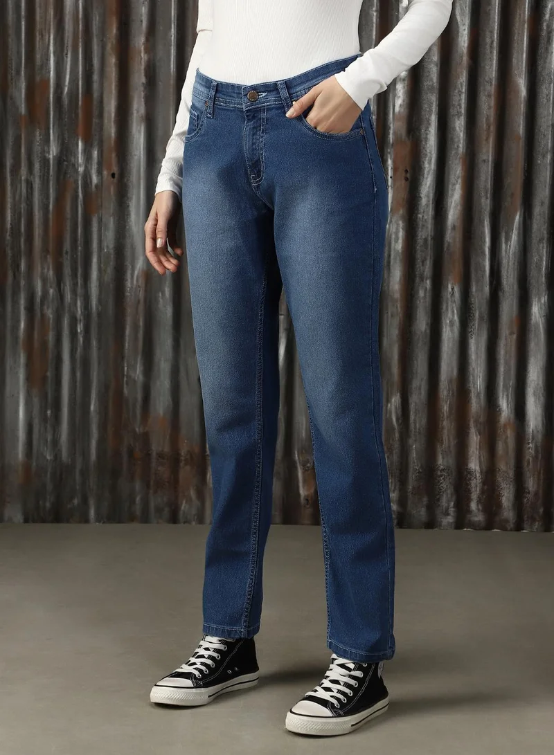 HIGH STAR  Women's Blue Cotton Blend Solid Full Length Slim Fit Jeans  | Best Price UAE