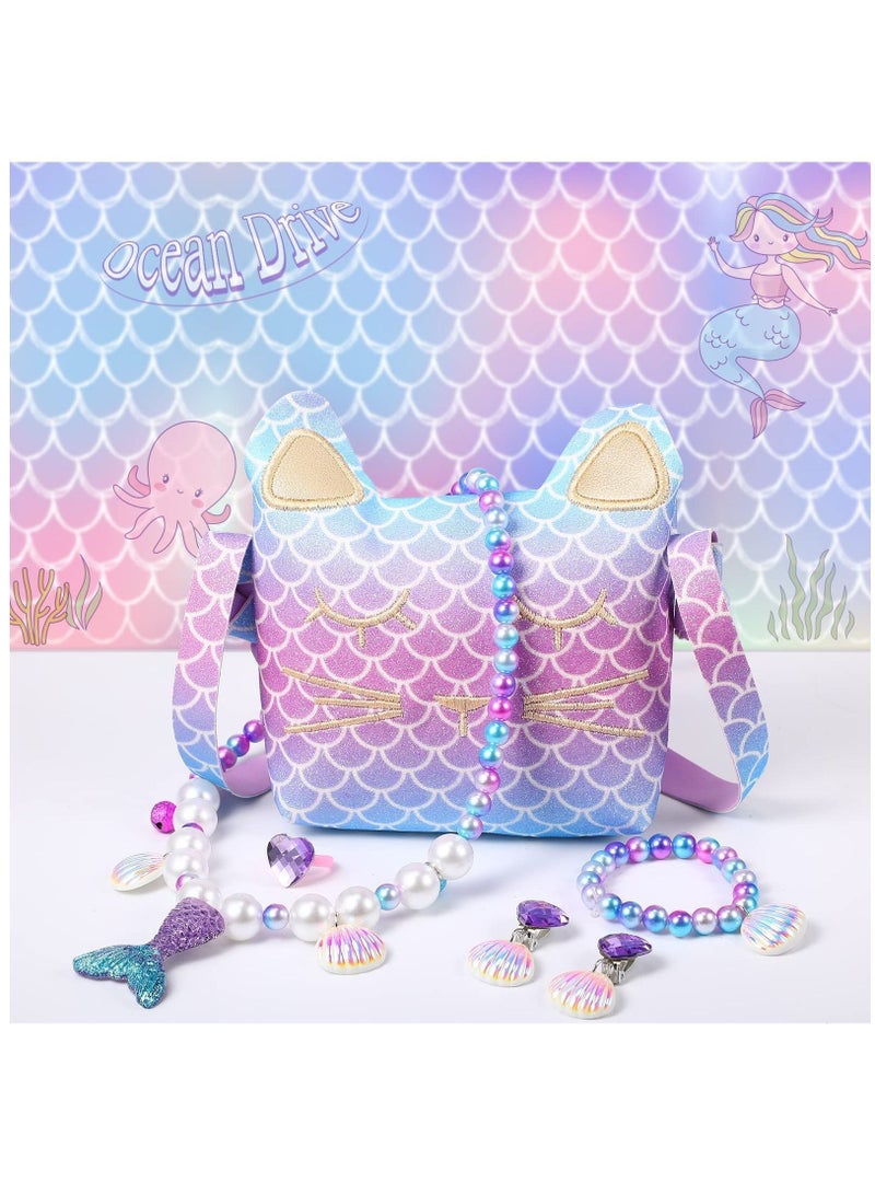 Y&D Pearl Necklace Crossbody Bag Set Dress Up, 6 Pieces Jewelry Pretend Toys Kids Accessories Birthday, For Girls, Up Purse Bracelet Ring Earrings  - Image 4