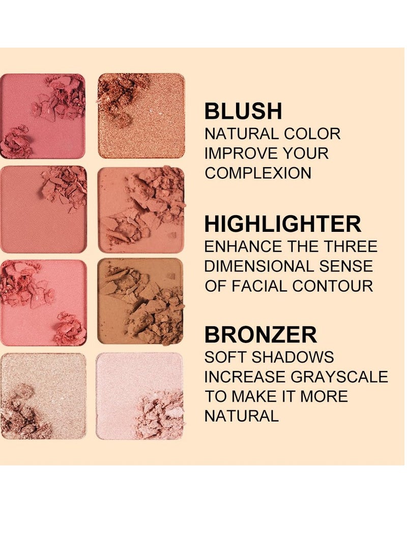Excefore Contour Palette, 8 Shades with Blush Bronzer Highlighter, 3 in 1 Face Contouring Makeup Palette for Sculpt the Cheeks, Blendable, Buildable, Easy to Apply, Matte and Shimmer Finish (02, Set) - Image 4