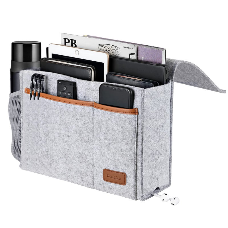 WantuSee Bedside Caddy Felt Bed Storage Organizer Hanging Bag Holder with 5 Pockets Magazine Book Phone Tablet iPad Cables Remote and Water Bottle Holder for Home Dorm Bed Sofa Light Gray