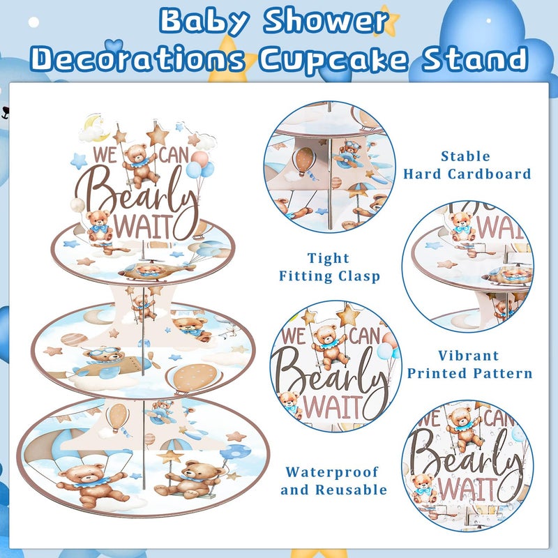 Keluna Bear Baby Shower Decorations - We Can Baby Shower Bearly Wait Decorations 3 Tier Blue Brown Bear Theme Cupcake Stand Bearly Wait Birthday Party Supplies for Gender Reveal - Image 3