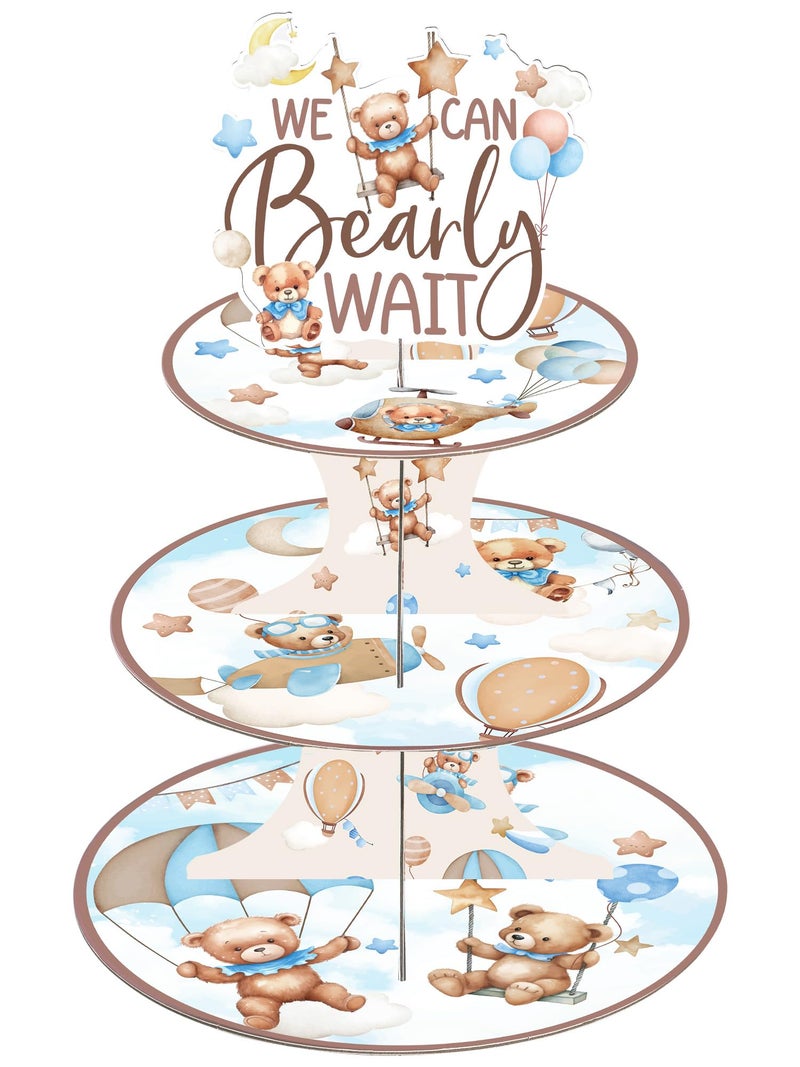 Keluna Bear Baby Shower Decorations - We Can Baby Shower Bearly Wait Decorations 3 Tier Blue Brown Bear Theme Cupcake Stand Bearly Wait Birthday Party Supplies for Gender Reveal - Image 1