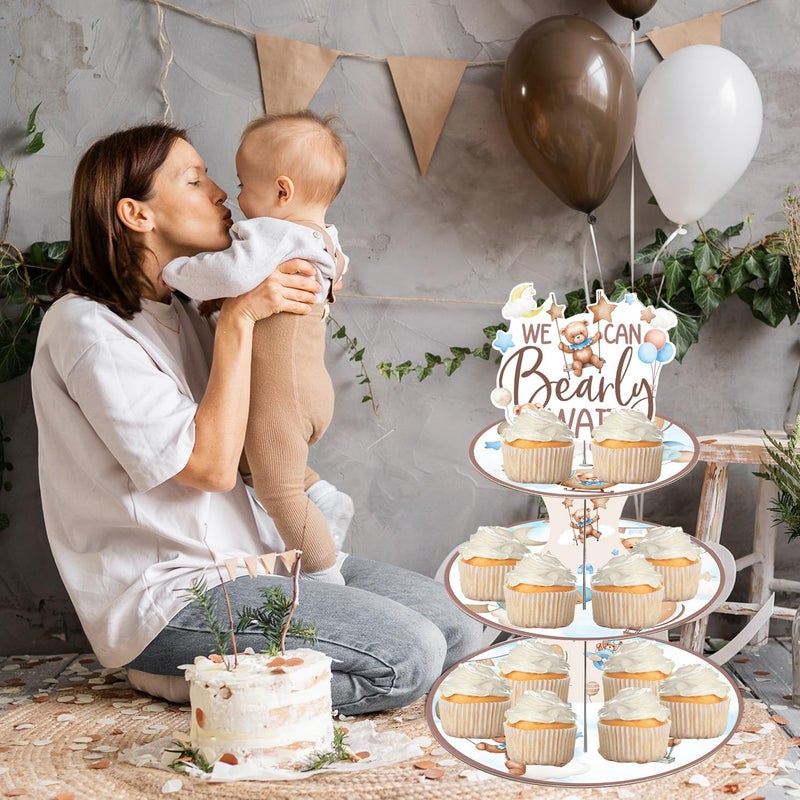 Keluna Bear Baby Shower Decorations - We Can Baby Shower Bearly Wait Decorations 3 Tier Blue Brown Bear Theme Cupcake Stand Bearly Wait Birthday Party Supplies for Gender Reveal - Image 5