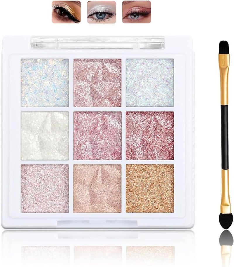 9Color Shimmer Eyeshadow Palette White Pink Glitter Shades Creamy Texture Waterproof Highly Pigmented Sparkly Makeup for Women Includes Brush