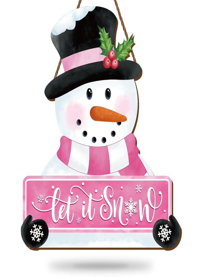 Whaline Christmas Winter Snowman Wooden Hanging Sign Pink Door Hanger Sign Snowman Front Door Decor Xmas Winter Welcome Wreath Sign for Indoor Outdoor Home Farmhouse Wall Window Decor - Image 1