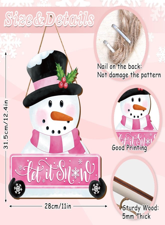 Whaline Christmas Winter Snowman Wooden Hanging Sign Pink Door Hanger Sign Snowman Front Door Decor Xmas Winter Welcome Wreath Sign for Indoor Outdoor Home Farmhouse Wall Window Decor - Image 2