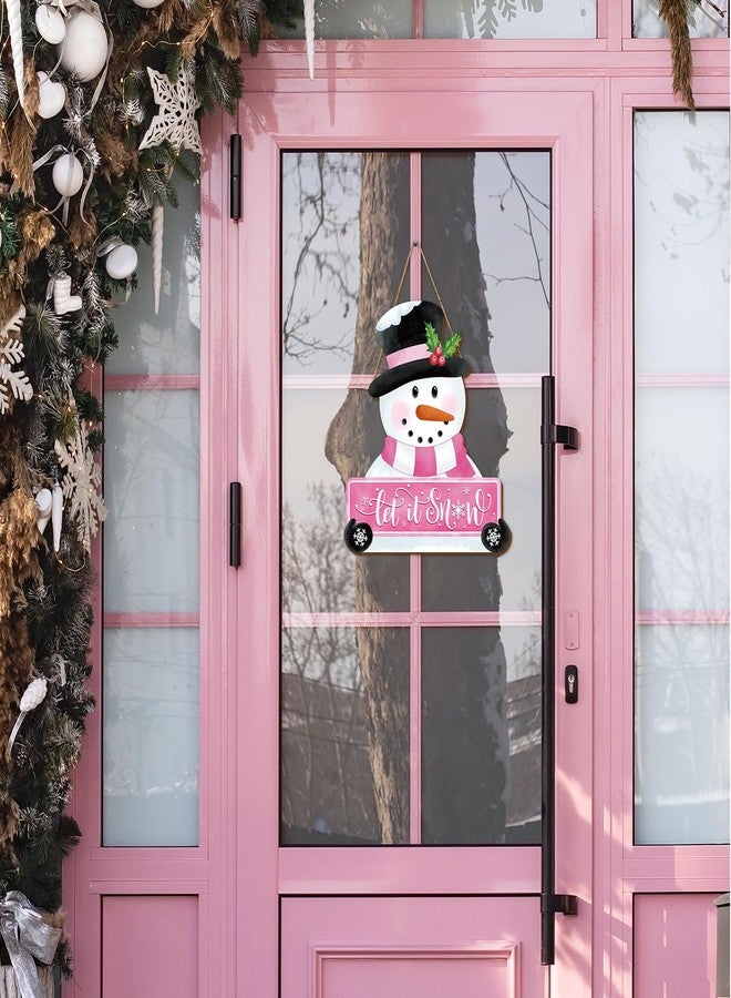 Whaline Christmas Winter Snowman Wooden Hanging Sign Pink Door Hanger Sign Snowman Front Door Decor Xmas Winter Welcome Wreath Sign for Indoor Outdoor Home Farmhouse Wall Window Decor - Image 3