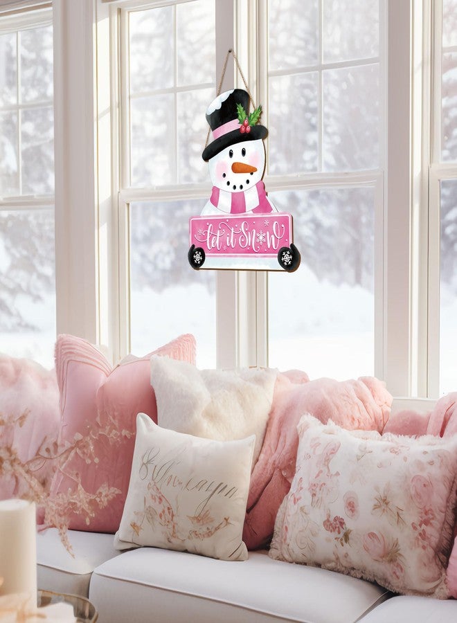 Whaline Christmas Winter Snowman Wooden Hanging Sign Pink Door Hanger Sign Snowman Front Door Decor Xmas Winter Welcome Wreath Sign for Indoor Outdoor Home Farmhouse Wall Window Decor - Image 5