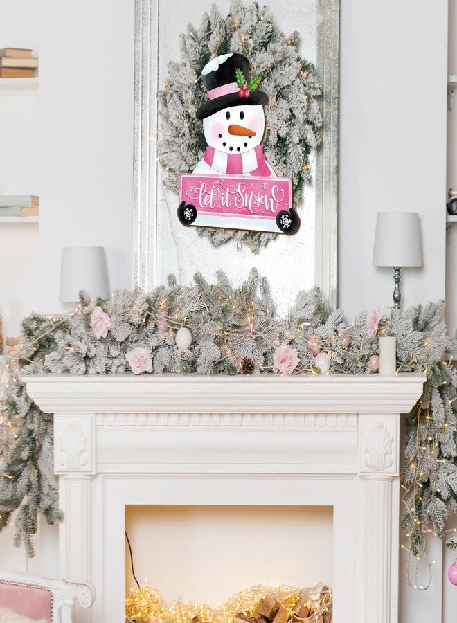 Whaline Christmas Winter Snowman Wooden Hanging Sign Pink Door Hanger Sign Snowman Front Door Decor Xmas Winter Welcome Wreath Sign for Indoor Outdoor Home Farmhouse Wall Window Decor - Image 4