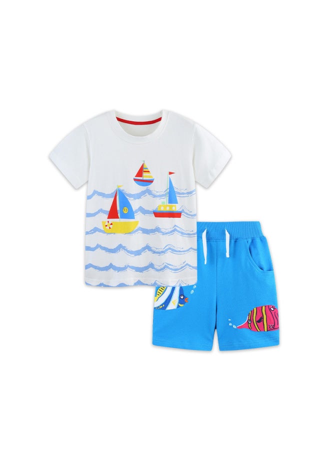 26 New Summer Products For Boys, Knitted Cotton Pullovers With Cartoon Prints, Kidsren's Short-sleeved Suits, Round-neck Suits For Small And Medium-sized Kidsren