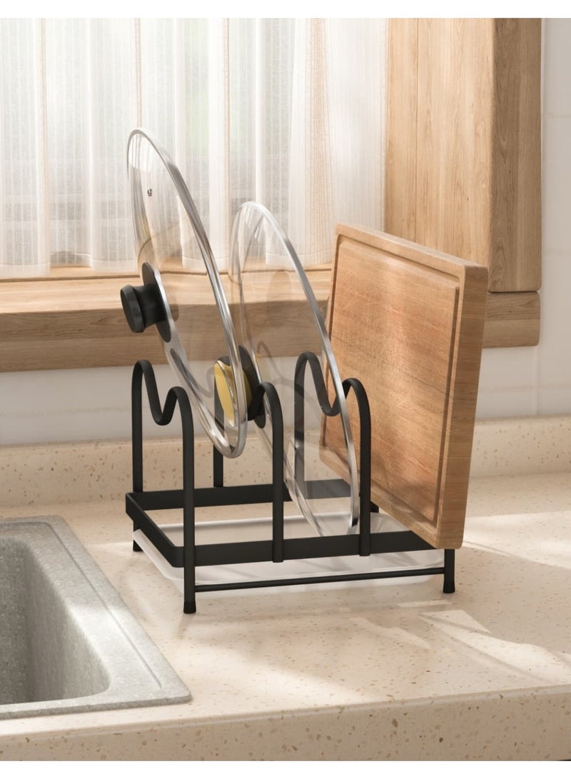 Smart Storage ✨ Premium Pot Lids Organizer Rack – Carbon Steel & PP Drip Tray, Space-Saving Black Lid & Cutting Board Holder. - Image 5