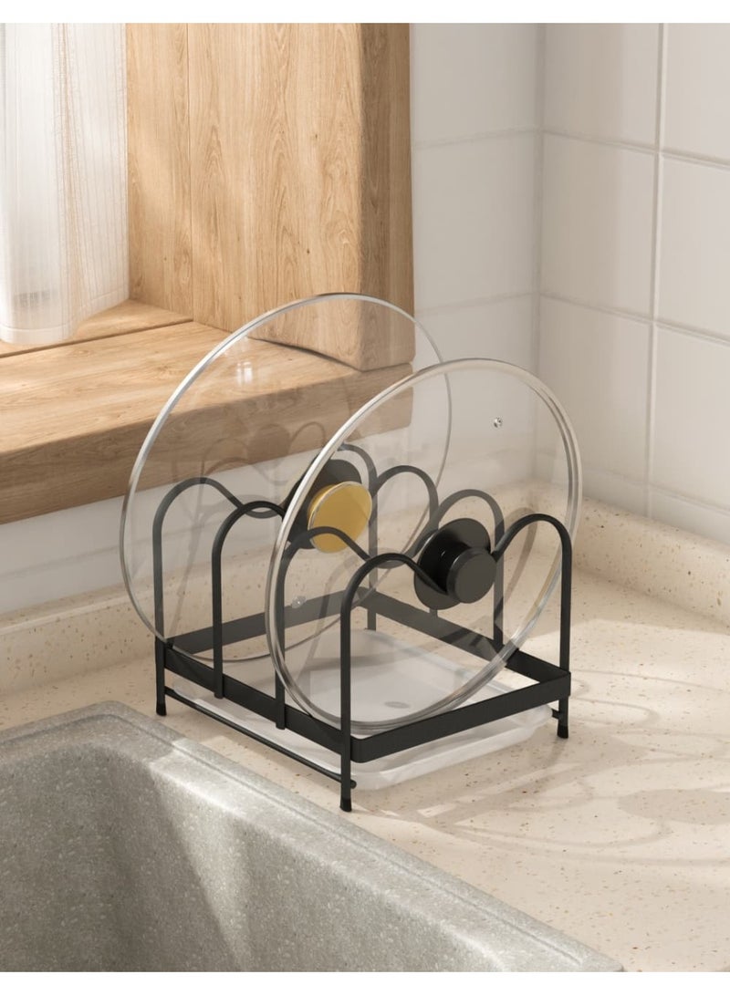 Smart Storage ✨ Premium Pot Lids Organizer Rack – Carbon Steel & PP Drip Tray, Space-Saving Black Lid & Cutting Board Holder. - Image 1
