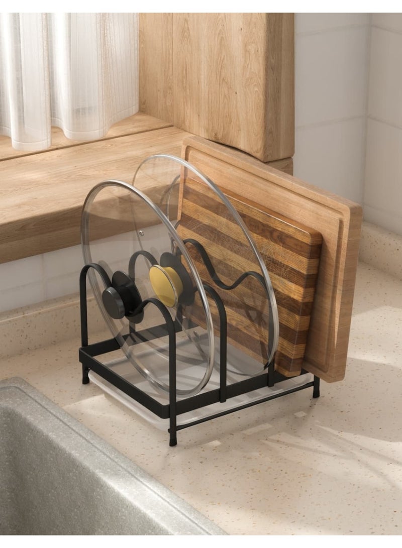 Smart Storage ✨ Premium Pot Lids Organizer Rack – Carbon Steel & PP Drip Tray, Space-Saving Black Lid & Cutting Board Holder. - Image 3