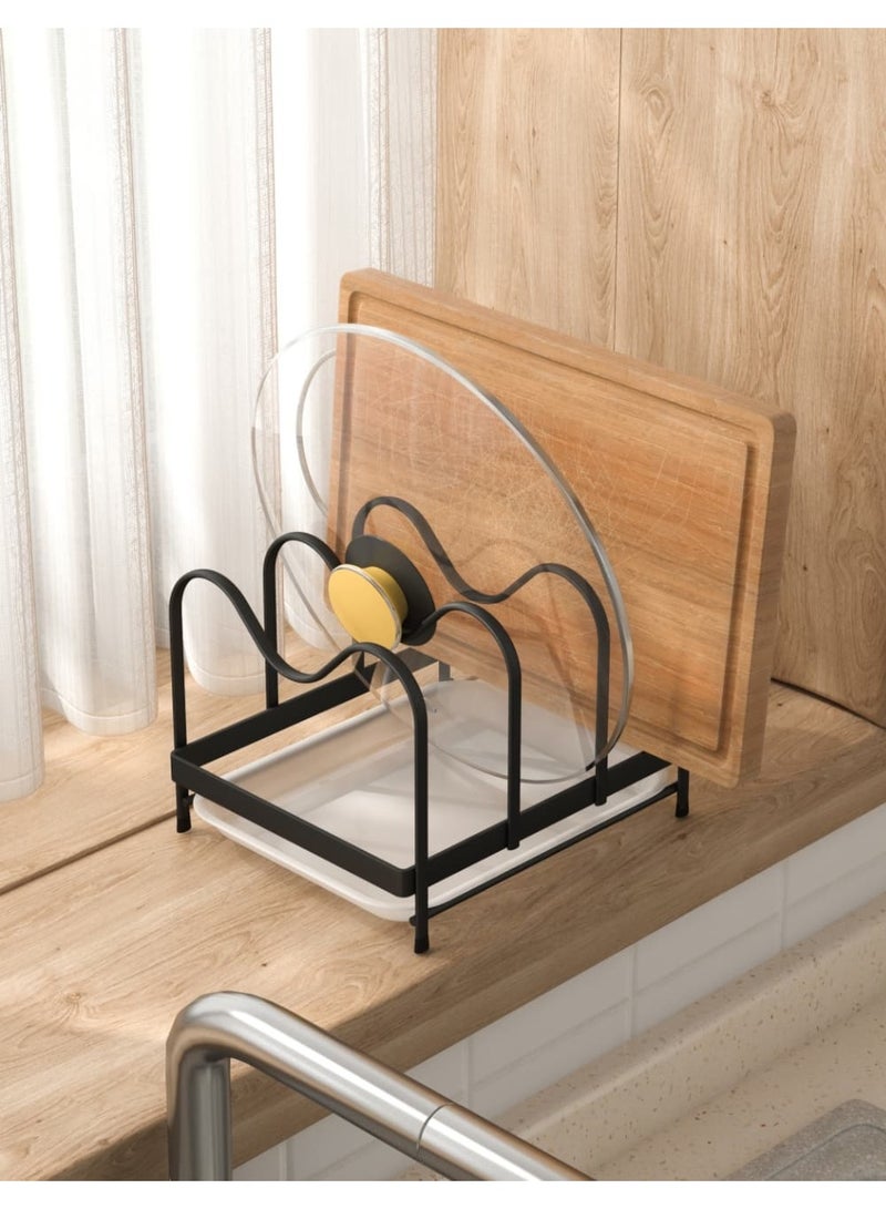 Smart Storage ✨ Premium Pot Lids Organizer Rack – Carbon Steel & PP Drip Tray, Space-Saving Black Lid & Cutting Board Holder. - Image 4