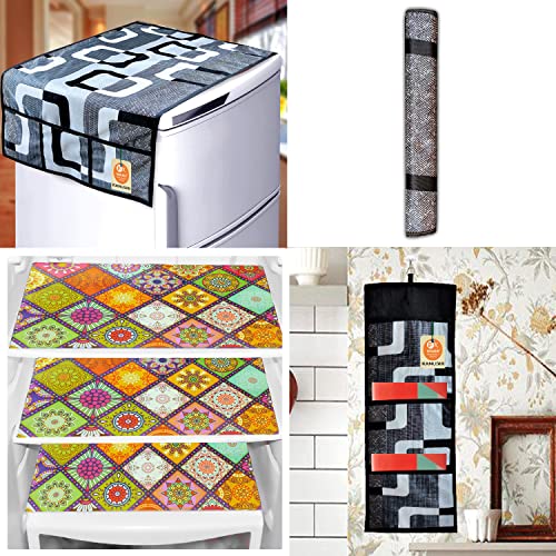 KANUSHI Industries® 1Pc Fridge Cover for Top with 6 Utility Pockets (Black Color) + 1 Handles Covers + 3 Fridge Mats + 1 Wall Hanging Organizer (FRI-COMBO-M-22+MGZ-HOLDER-BLACK-BOX) - Image 1